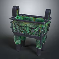 Ancient Bronze Tripod With Green Patina And Intricate Traditional Carvings
