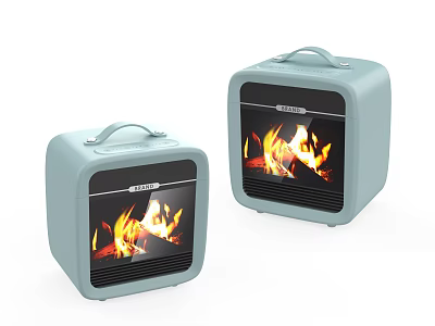 Two Light Blue Portable Electric Heaters With Realistic Flame Display And Handle Design 3d model