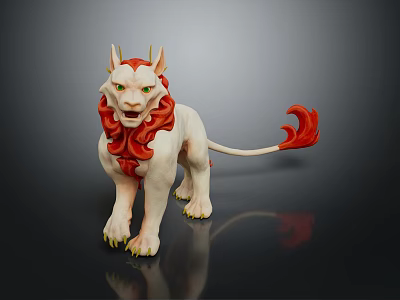 Mythical White Lion With Horns Red Mane And Curled Red Tail Figure 3d model