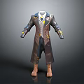 Dark Long Coat With Yellow Accents Vest Shirt Pants And Brown Boots