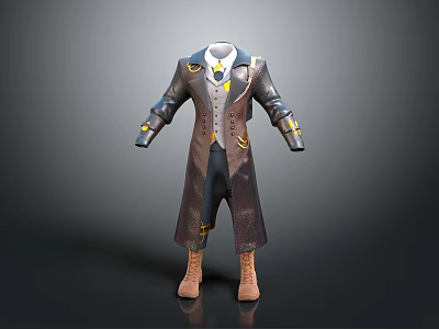 Dark Long Coat With Yellow Accents Vest Shirt Pants And Brown Boots 3d model