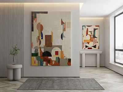 Modern Interior With Large Abstract Painting Small Decorative Art Gray Rug And Green Plant 3d model
