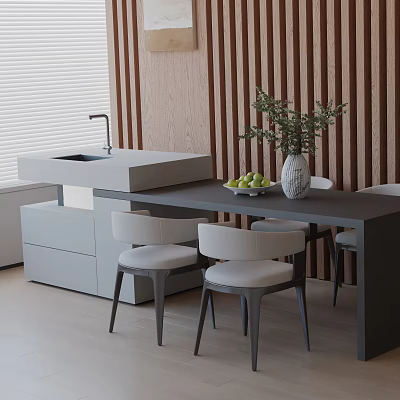 Modern Dining Table Set With Chairs Greenery Vase And Wooden Wall Background 3d model