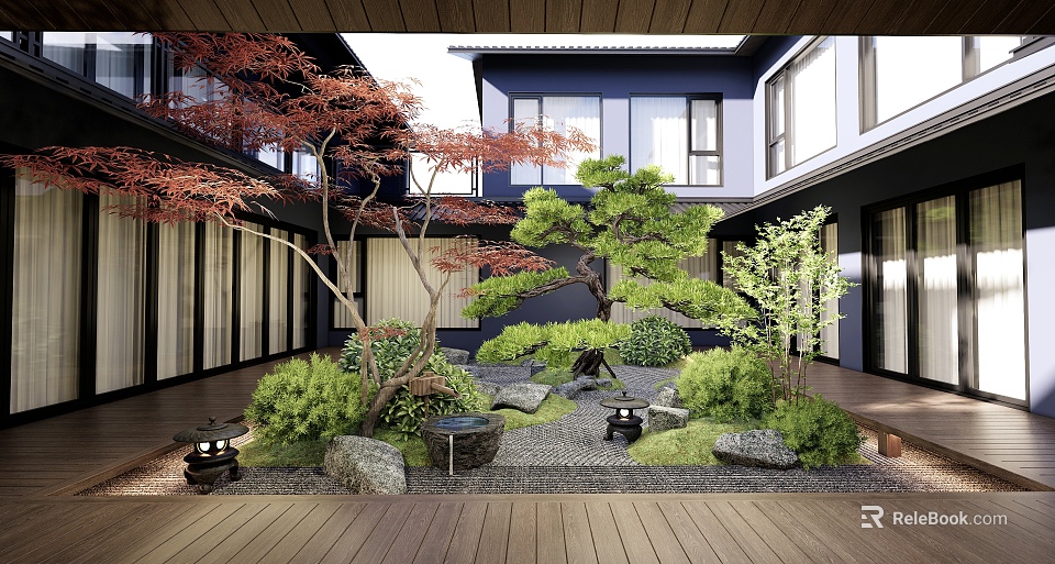 Japanese Courtyard Garden With Red Maple Pine Trees Stone Lanterns Green Shrubs And Wooden Deck 3d model 