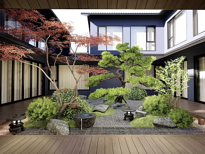 Japanese Courtyard Garden With Red Maple Pine Trees Stone Lanterns Green Shrubs And Wooden Deck 3d model