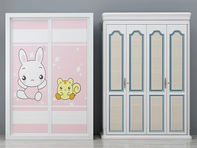 Two Stylish Wardrobes with Pink Cartoon Pattern Sliding Door and White Blue Shutter Design 3d model