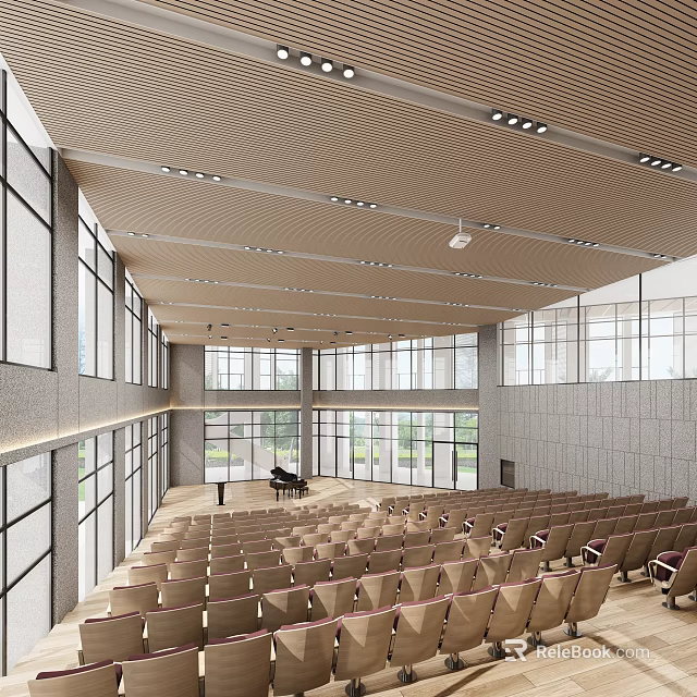Spacious Auditorium Interior With Rows of Seats Grand Piano and Large Windows 3d model 