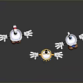 Cartoon Game Movie Characters Three Figures With White Hats Black Bodies And Colorful Outfits