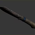 Rustic Combat Knife With Weathered Blade And Wooden Handle Blue Accent