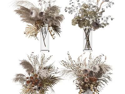 Elegant Dried Flower Arrangements in Glass Vases with Neutral Tones and Decorative Plumes 3d model
