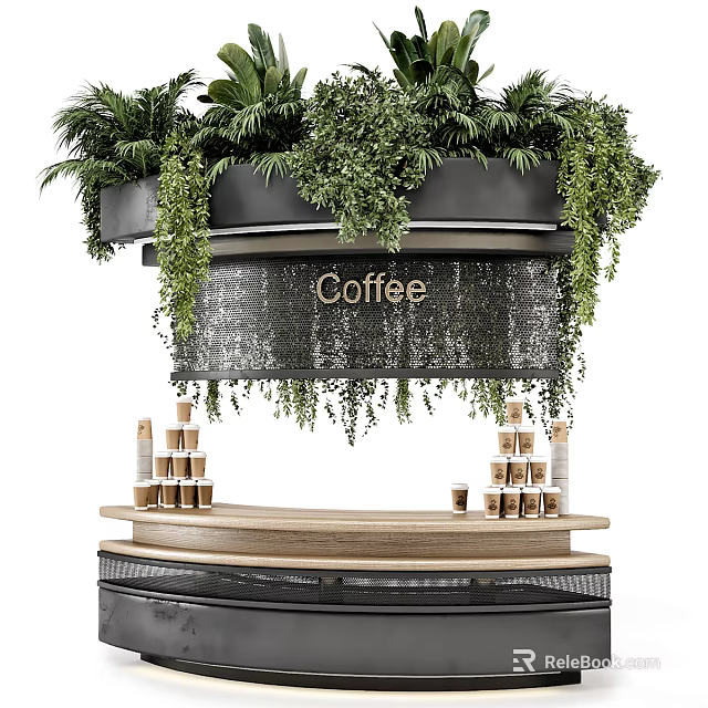 Modern Coffee Bar Counter With Hanging Green Plants And Stacked Coffee Cups Design 3d model 