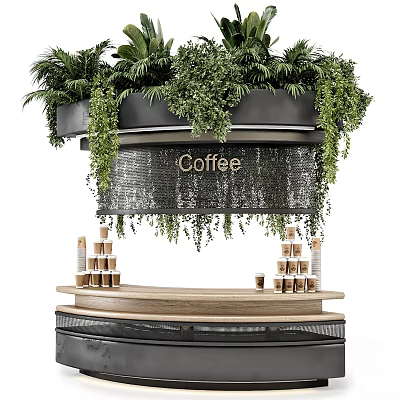 Modern Coffee Bar Counter With Hanging Green Plants And Stacked Coffee Cups Design 3d model