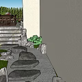 Garden Landscape Featuring Bamboo Fence Rock Formations Potted Plants And Stone Pathway