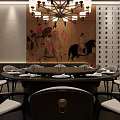 Elegant Private Dining Room Interior With Round Table Chandelier And Decorative Painting