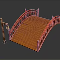 Traditional Red Wooden Bridge With Lantern Shaped Lamp Post And Railings