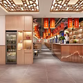 Traditional Hot Pot Restaurant Interior With Red Lanterns Cherry Blossom Decorations And Bar Counter