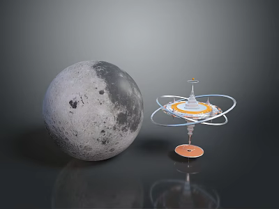 Realistic Moon Model And Ring Shaped Metallic Space Station Display With Base 3d model