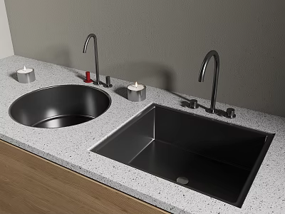 Black Double Bowl Kitchen Sink with Silver Faucets on Grey Speckled Countertop 3d model