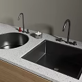 Black Double Bowl Kitchen Sink with Silver Faucets on Grey Speckled Countertop
