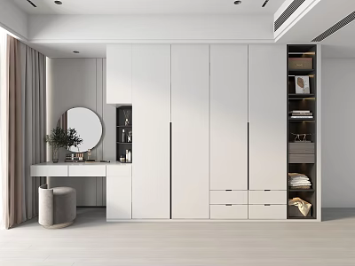 Modern White Wardrobe Interior Design With Dressing Table Mirror Plant Drawers And Open Shelves 3d model