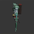Mechanical Character in Green Armor with Red Details Shoulder Mount Standing Pose on Dark Background