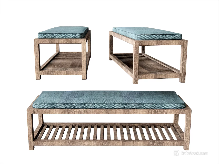 Three Wooden Ottomans With Blue Cushion And Slatted Shelf Design 3d model 