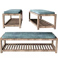 Three Wooden Ottomans With Blue Cushion And Slatted Shelf Design