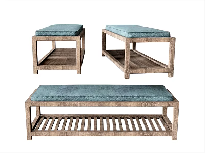 Three Wooden Ottomans With Blue Cushion And Slatted Shelf Design 3d model