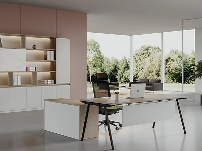 Modern Office With Light Colored Cabinets Desk Laptop Coffee Cup Black Chair And Green Trees 3d model