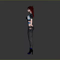 3D Female Character With Red Purple Hair Blue Black Outfit Fishnet Stockings And Blue Boots