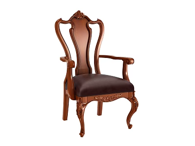 Traditional Wooden Dining Chair With Armrests Carved Details And Dark Upholstered Seat 3d model