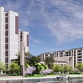 Modern Sales Office Architecture Featuring Elegant Entrance Landscaped Gardens And Surrounding High Rises