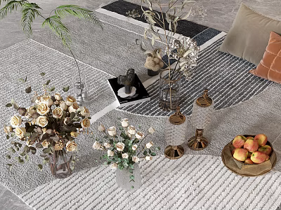 Elegant Decorative Ornament Set With Flower Bouquets Glass Vases Metal Candle Holders And Fruit Tray 3d model
