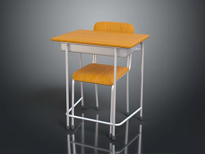 Student Desk With Yellow Tabletop And Chair Featuring Silver Metal Frame 3d model