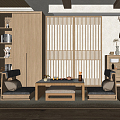 New Chinese Style Tea Room Tatami Tea Room Zen Style Tea Room Tea Table and Chair Tea Cabinet Storage Rack Decorative Cabinet Tea Stool 3d model