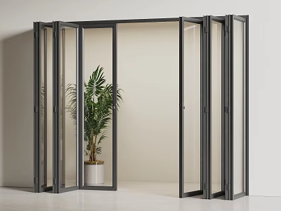 Black Frame Glass Folding Doors In Interior Space With Palm Plant 3d model