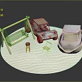 Scene Components With Wooden Swing Vintage Toy Car Small Boat Stool Chair On Sandy Surface