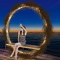 Garden Landscape With Circular Straw Ring Wooden Bench And Seaside Sunset View
