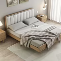 Modern Double Bed With Upholstered Headboard Wooden Frame Grey Sheets Plaid Blanket And Nightstand