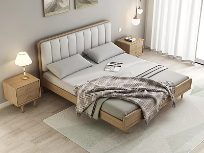 Modern Double Bed With Upholstered Headboard Wooden Frame Grey Sheets Plaid Blanket And Nightstand 3d model