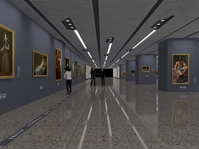Spacious Art Gallery Interior With Paintings On Walls Visitors Shiny Floor And Lights 3d model