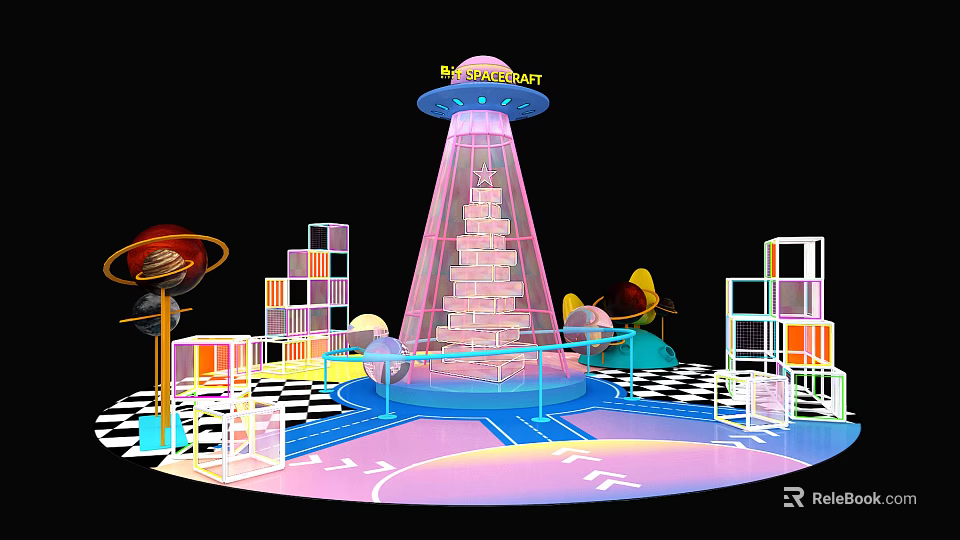 Futuristic Restaurant With UFO Shaped Structure Colorful Geometric Designs Circular Platform And Neon Lights 3d model 