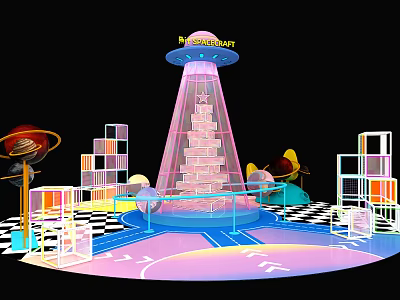Futuristic Restaurant With UFO Shaped Structure Colorful Geometric Designs Circular Platform And Neon Lights 3d model