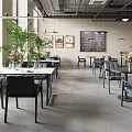 Modern Restaurant Interior With Large Windows Green Plants White Tables And Black Chairs