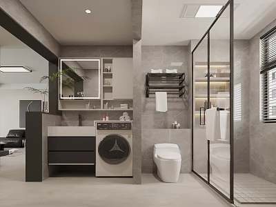 Modern Bathroom Interior Design With Washing Machine Toilet Glass Shower Vanity And Mirror Cabinet 3d model