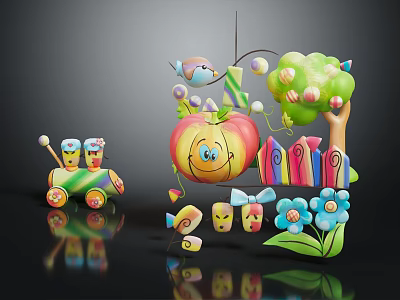 Colorful Cartoon Play Elements With Smiling Apple Train Tree Fence Flowers And Blocks 3d model