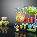 Colorful Cartoon Play Elements With Smiling Apple Train Tree Fence Flowers And Blocks