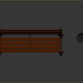 Red Wooden Bench With Metal Legs And Trash Can On Reflective Floor Gray Background