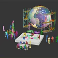 Globe Model Maintenance Setup With Yellow Scaffolding White Miniature People And Workbench Equipment