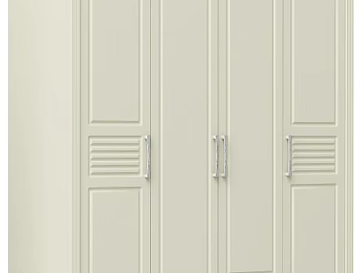 Simple White Three Door Wardrobe With Metal Handles And Panel Design 3d model